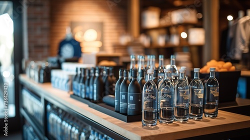 An array of elegant dark and clear bottles lined up on a modern bar counter  presenting a sophisticated selection in a cozy ambiance.