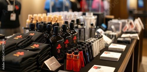 A selection of promotional merchandise, including branded shirts, bottles, and other items, neatly displayed on a table at a corporate event.