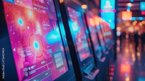 Vibrant neon lights illuminate a lineup of futuristic arcade gaming machines, inviting players to a high-tech entertainment experience. photo