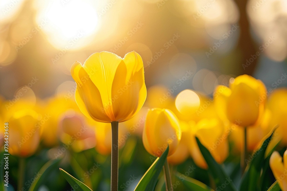 Closeup of yellow Tulip flower under sunlight using as background natural plants landscape, ecology wallpaper cover page concept.