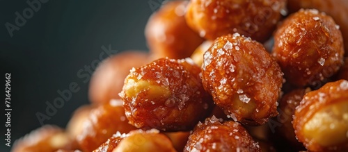 Close-up street food: Sweet candied peanuts, selectively focused and sugary.