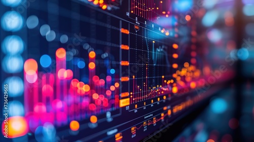 Close-up of a financial dashboard display showcasing interactive data analysis with glowing graphs and trading indicators in a vibrant blur of activity. © Rattanathip