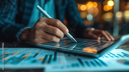 Business professional closely examines complex financial charts and graphs on a digital tablet in a dimly lit office.