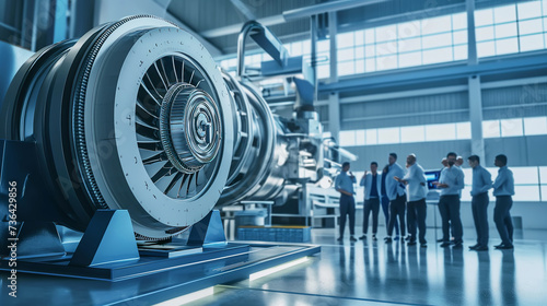 Team of engineers working on high-tech turbine engine in an industrial setting photo
