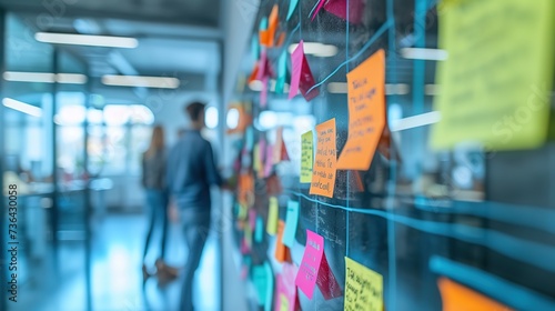 A glass wall filled with colorful sticky notes captures the essence of teamwork and idea sharing in a collaborative office space.