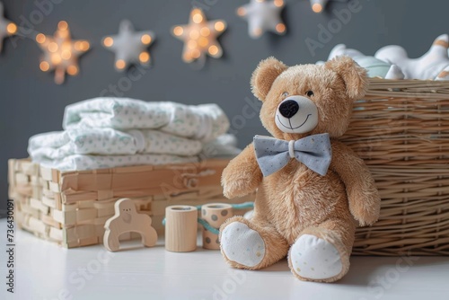 A beloved teddy bear watches over a bundle of soft baby clothes, evoking feelings of warmth and comfort in a cozy indoor setting