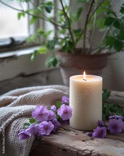 Close up of plants  flowers  candle  near window.