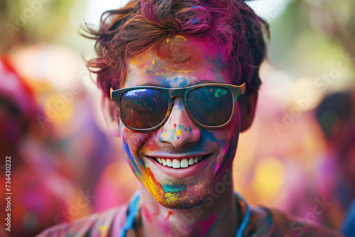 Joyful man with colorful powder on his face wearing sunglasses at vibrant Holi festival