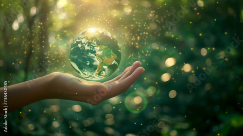 hand is gently holding a glowing Earth globe against a backdrop of a blurred green forest with sparkling lights, suggesting themes of environmental care and global responsibility.