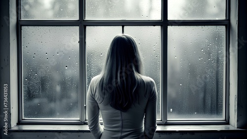Solitude in Rain: A Reflective Portrait of a Lonely Woman Gazing Through a Raindrop-Streaked Window, Exploring Mental Health and Emotional Wellness