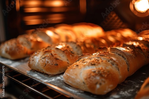 An aromatic display of fresh, gluten-free bread rolls, perfectly baked in a cozy indoor bakery oven photo