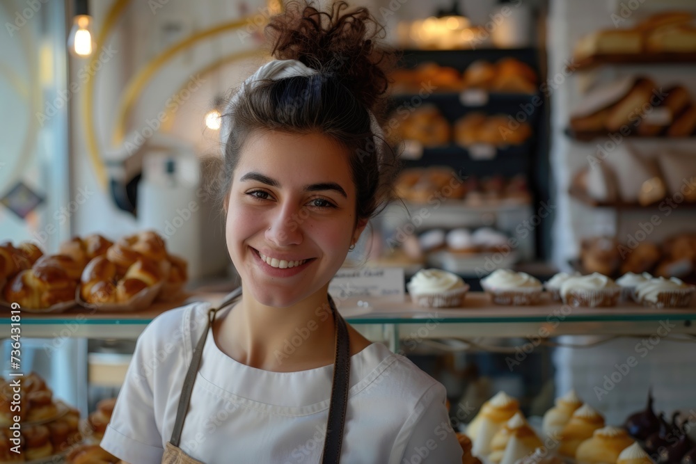 Smiling portrait of woman working in bakery