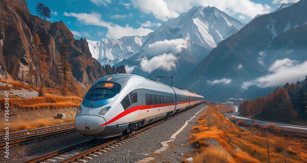 A sleek high-speed train races through the Himalayan mountains