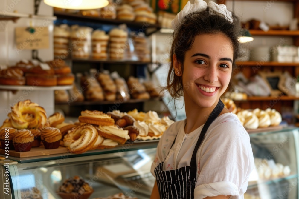 Smiling portrait of woman working in bakery