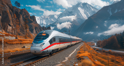 A sleek high-speed train races through the Himalayan mountains