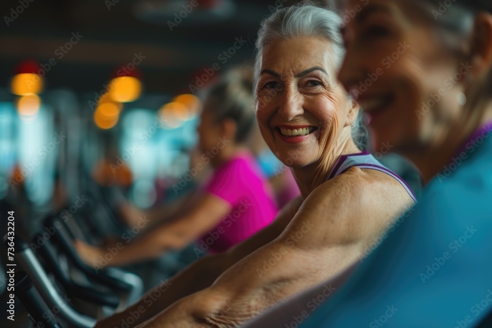Smiling portrait of a senior woman on exercise bike in the gym - obrazy, fototapety, plakaty 