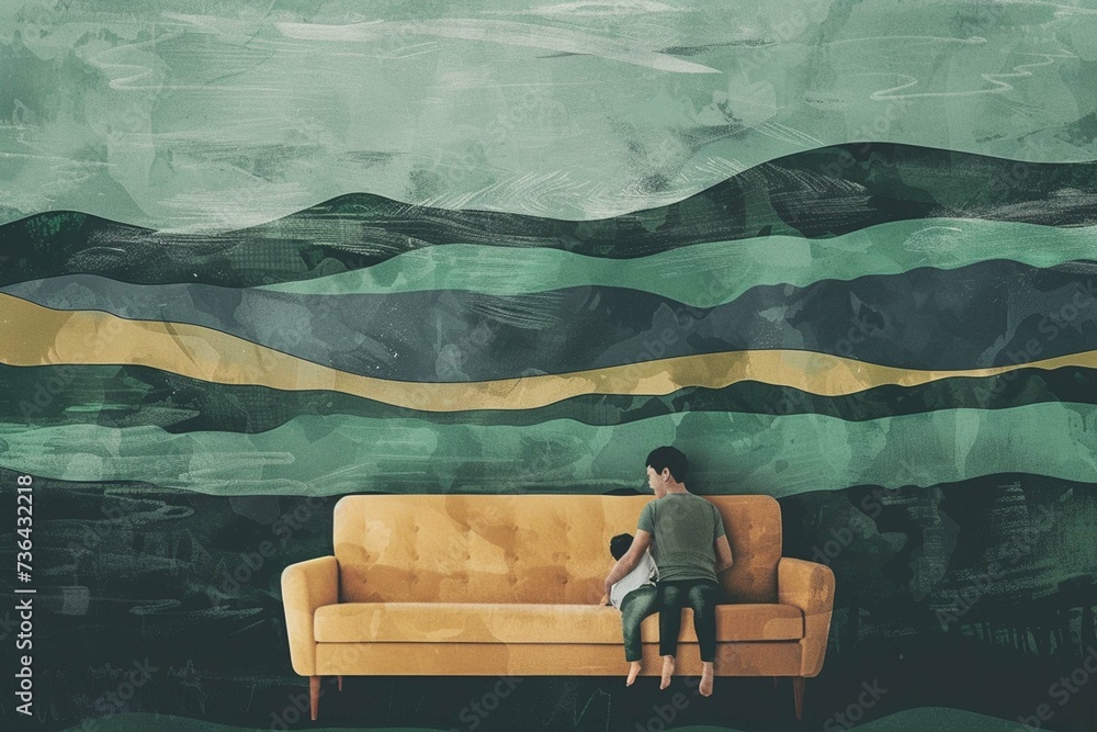 Minimal stylized wallpaper that represent a father with his son under a sofa in a sharing moment in a Denmark landscape - obrazy, fototapety, plakaty 