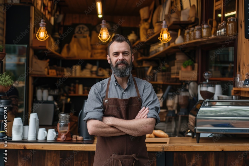 Proud male coffee shop owner standing in front of his store Proud male coffee shop owner standing in front of his store