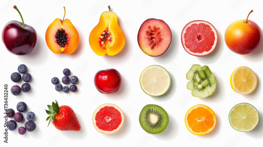 A selection of whole and sliced fresh fruits presented neatly against a white background. A selection of whole and sliced fresh fruits presented neatly against a white background.