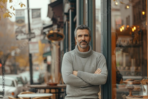 Proud male coffee shop owner standing in front of his store