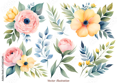 Watercolor floral illustration individual elements set - green leaves, pink peach blush yellow flowers, branches. Wedding invites, wallpapers, fashion, cards. Vector illustration