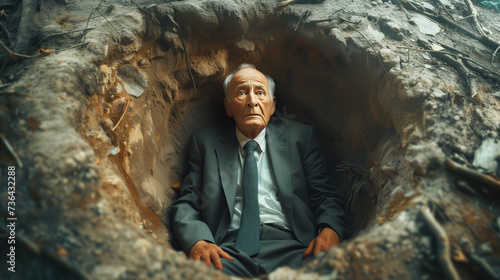  An elderly man is sitting in a pit. The concept of debt bondage as one of the causes of illegal human trafficking, forced labor