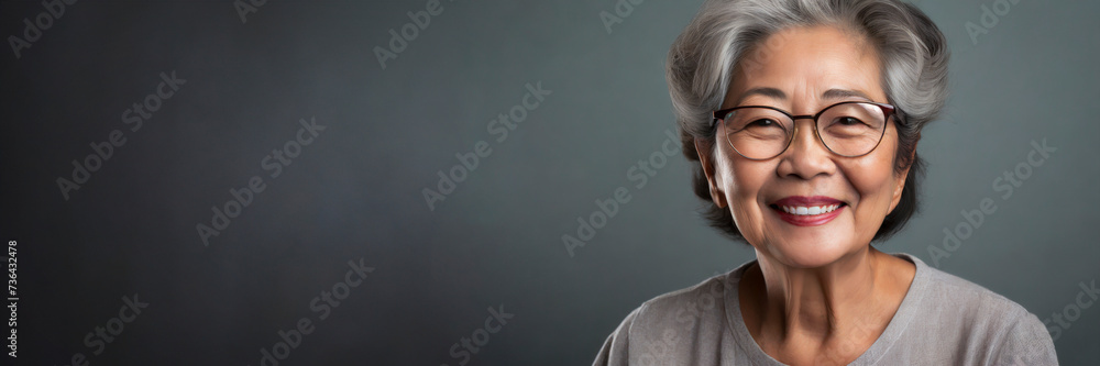 portrait of happy asian senior woman wearing glasses with copy space