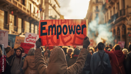 The demonstrators carrying signs that read "EMPOWER" symbolize their advocacy for the strengthening of human rights, freedom of expression, and protection against discrimination.