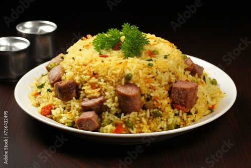 Pilaf meat bowl asian. Food table. Generate Ai