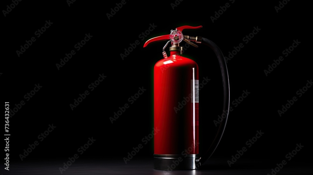 Obraz premium Red fire emergency fire extinguisher on a black background. Concept of safety. Copy space. 