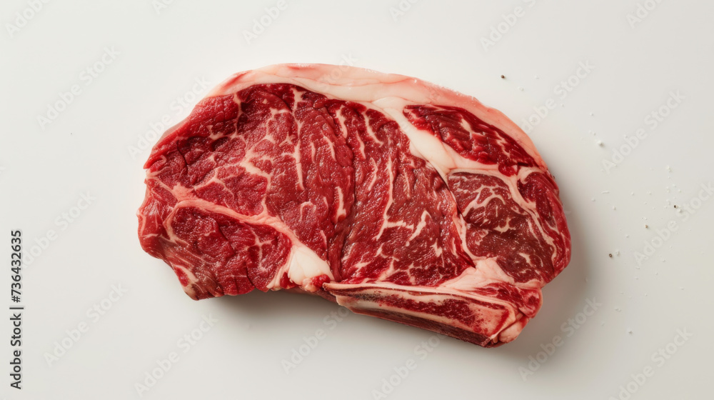 A close-up of a raw ribeye steak with marbling of fat, displayed on a white background. A close-up of a raw ribeye steak with marbling of fat, displayed on a white background.
