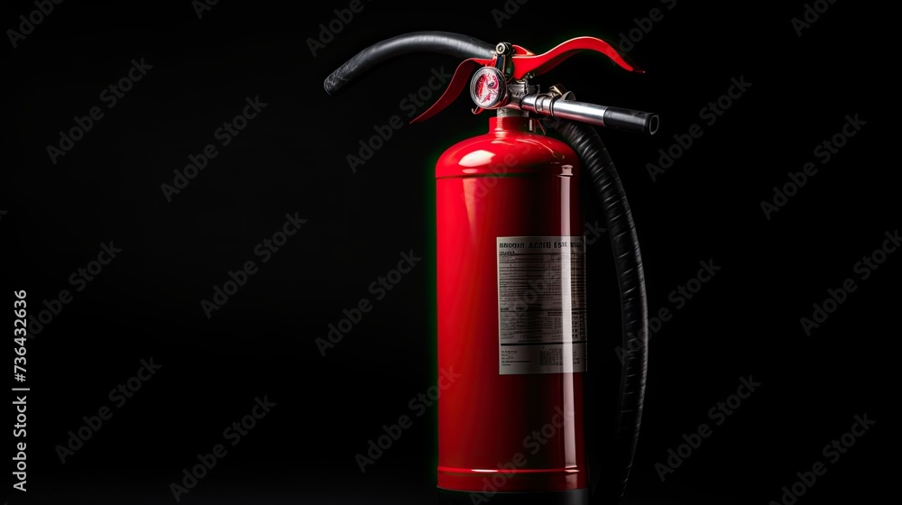 Obraz premium Red fire emergency fire extinguisher on a black background. Concept of safety. Copy space. 