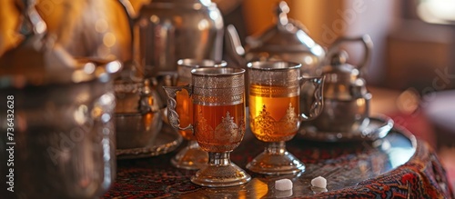 Traditional Moroccan tea with sugar  served in silver glasses.
