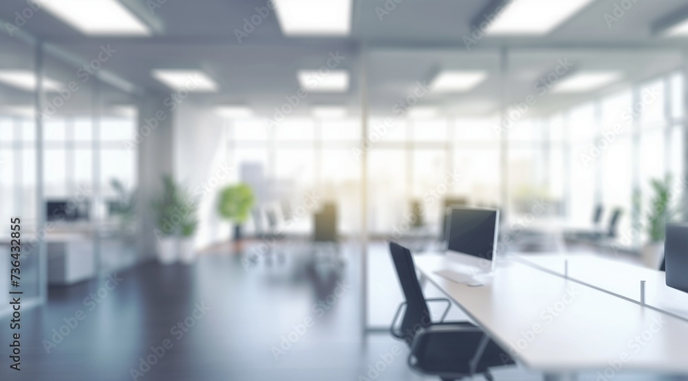 Fototapeta premium Blurred empty open space office. Abstract light bokeh at office interior background for design.