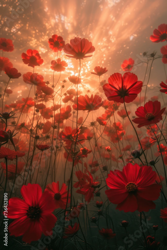 Red cosmos flower in the mist and fog, vertical background