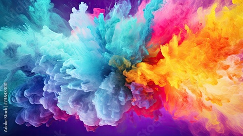 Splash of color paint, explosion of colorful powder, abstract colorful background. Pattern of bright festive burst like in Holi festival. Concept of watercolor, explode, art