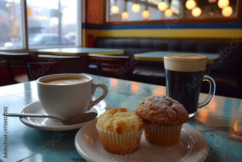 cup of coffee and muffin, muffins. american diner, lunch or breakfast. retro cafee. restaurant ad, menu. sweet sugar. pastry photo