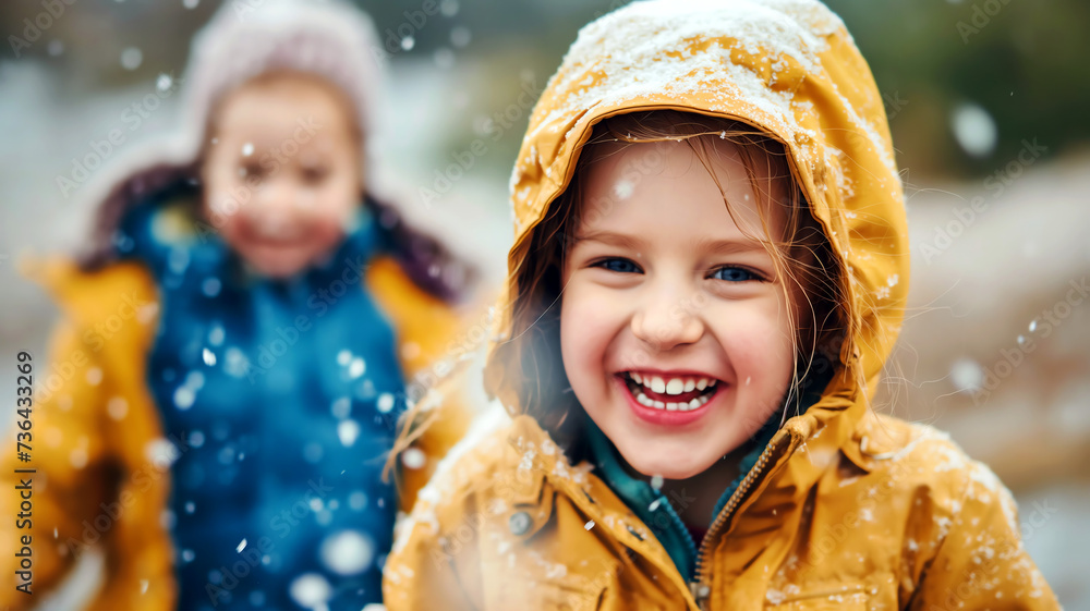 Children playing in snow, wearing winter coats, representing joy, childhood, winter, and playfulness.