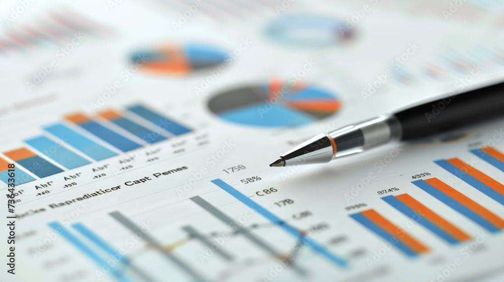 close-up of a pen lying on top of various types of printed financial charts, including bar graphs, line graphs, and pie charts. close-up of a pen lying on top of various types of printed financial charts, including bar graphs, line graphs, and pie charts.