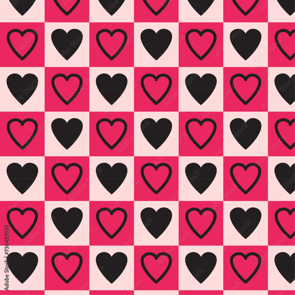 Cute seamless squared pattern with black hearts on pink background for valentines, wrapping webs, papers, fabrics, packaging