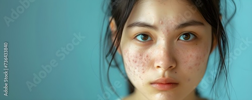 An Asian woman with an itchy rash on her face seeks dermatological treatment. Concept Dermatological Consultation, Skin Rash, Facial Itching, Asian Patient, Treatment Options photo