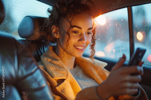 A stylish woman flashes a bright smile while checking her phone in the car's rearview mirror photo