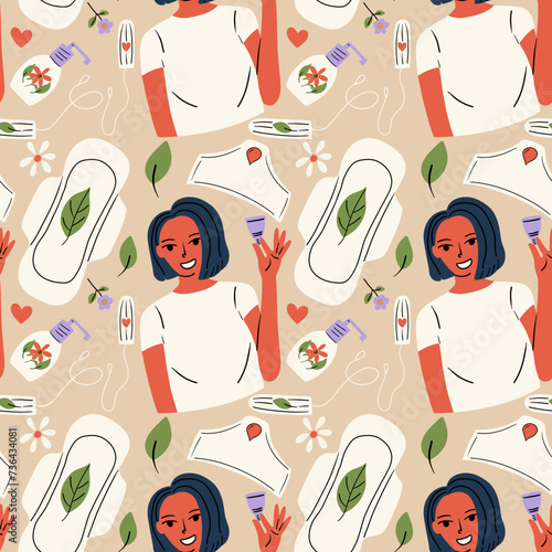 Seamless pattern on the theme of menstruation period. Intimate feminine hygiene items.