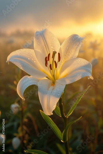 White lily flower blossom in the mist and fog  vertical background