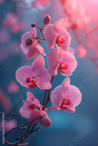 Pink orchid flower blossom in the mist and fog, vertical background