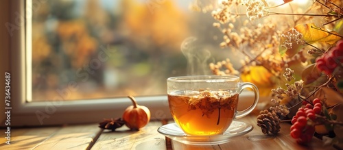 Autumn decoration highlights a hot tea in a still life.