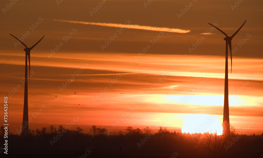 Obraz premium An image of wind turbines in a field at sunrise, in winter