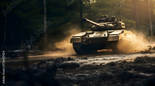 Armored military army tank vehicle moving in motion on mud road in battle photo