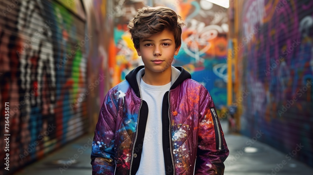 A stylishly dressed young boy standing in front of a colorful graffiti-adorned wall A stylishly dressed young boy standing in front of a colorful graffiti-adorned wall