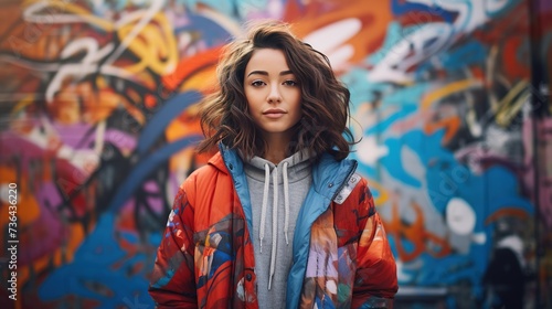 A stylishly dressed young woman standing in front of a colorful graffiti-adorned wall